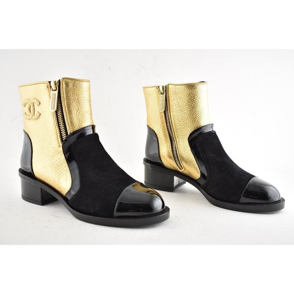 Chanel 18B Gold Black Patent Suede CC Logo Zipper Zip Short Ankle Bootie Boot 35 - Picture 2 of 10